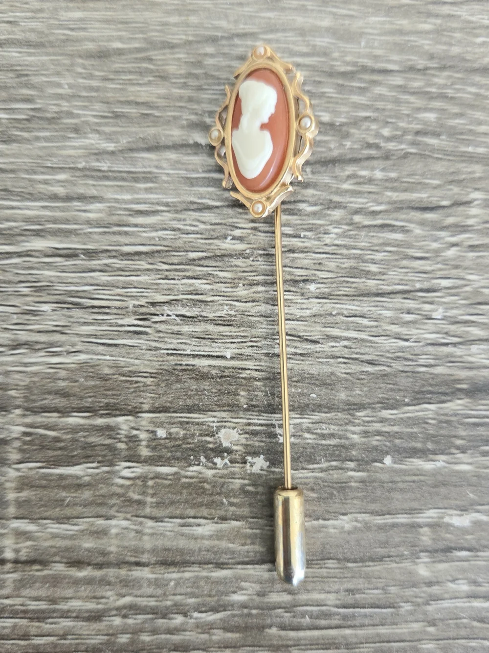 Vintage 1978 Avon Cameo Stickpin Stick Hat Pin Tiny Faux Pearl Accents.